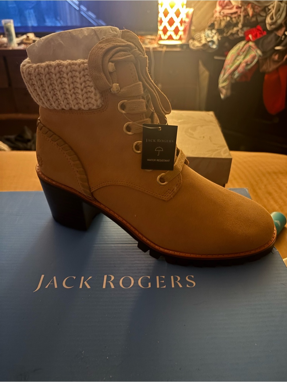 Jack Rogers Tan Knit-Cuff Lace-Up Heeled Boot